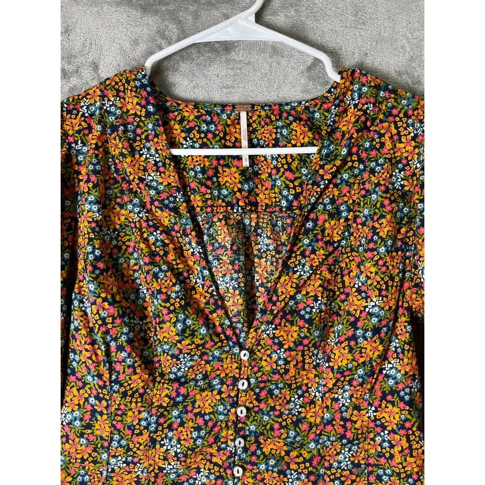Free People Floral‎ Peplum Blouse Women's Small Puff Sleeve Button Front Boho